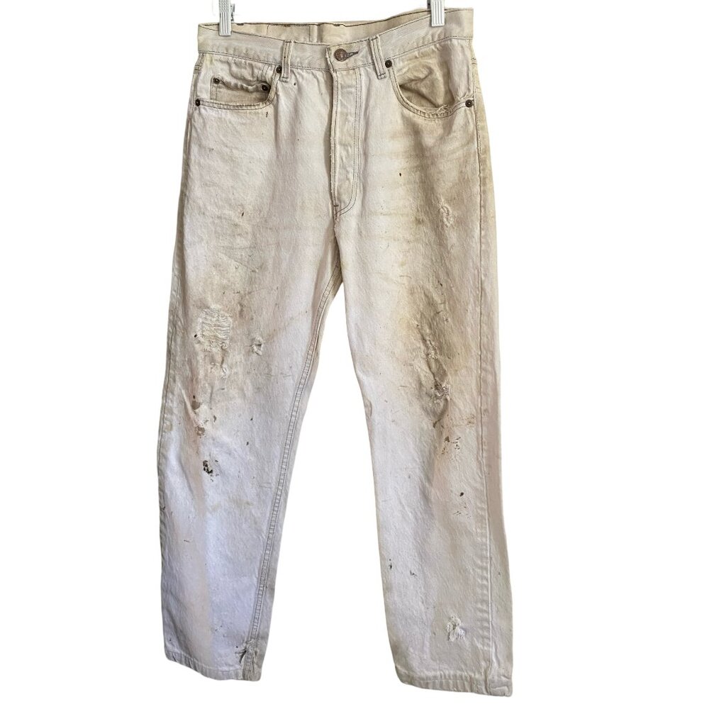 Destroyed Levi's 501 Button Fly Jeans White Paint Ripped Trashed 33 x 36